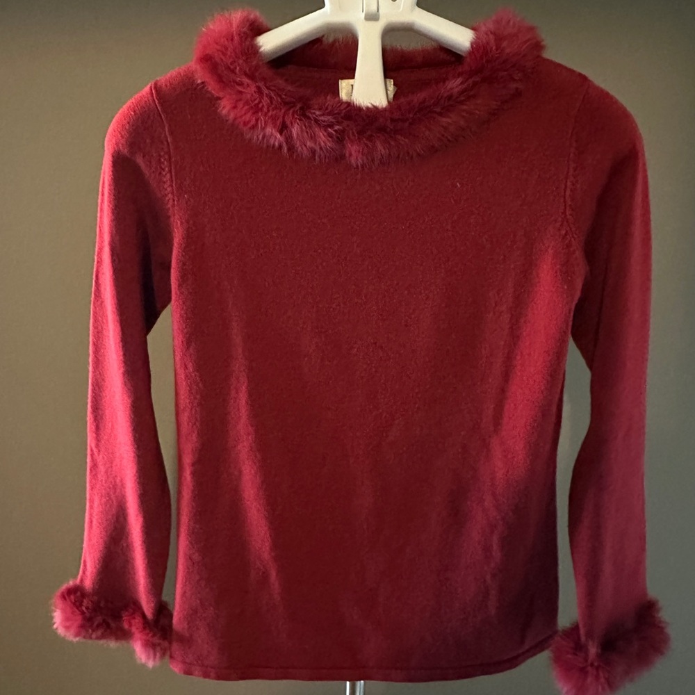 Women's Red Fuzzy Trim Sweater